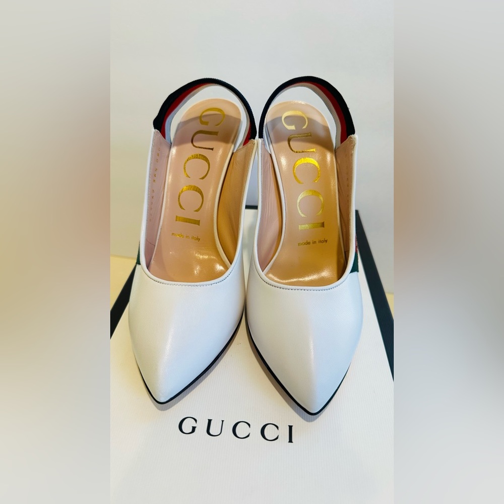 Gucci Sylvie Leather Slingback Pumps with Bee in White 36.5 - Picture 4 of 16